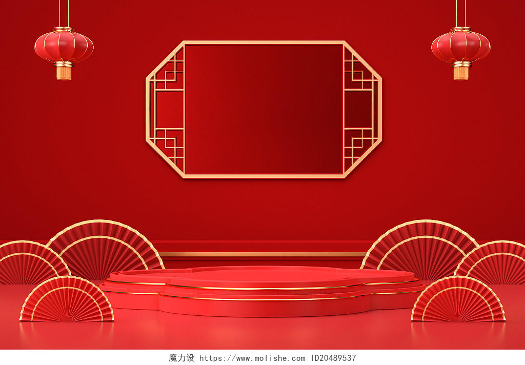 红色c4d中式电商产品展示台海报背景C4D展台背景